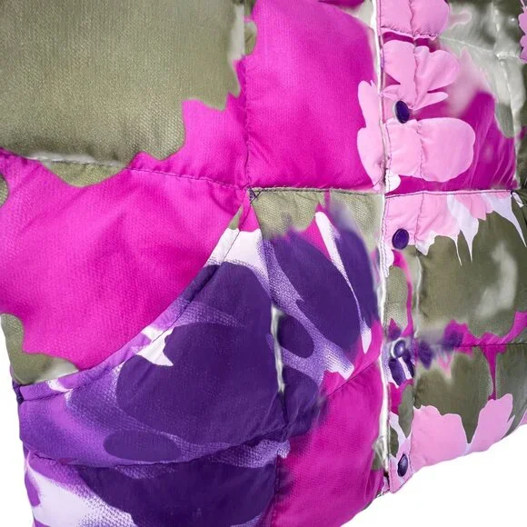 Lands End Floral Down Puffer Vest M 10-12 Bright Snap Close Pink Green Purple - Picture 10 of 14